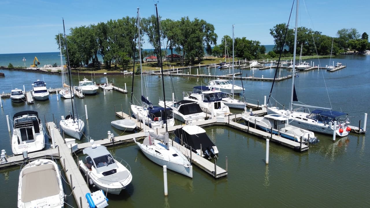 Boats hauled out and stored for winter at a Cleveland marina on Lake Erie