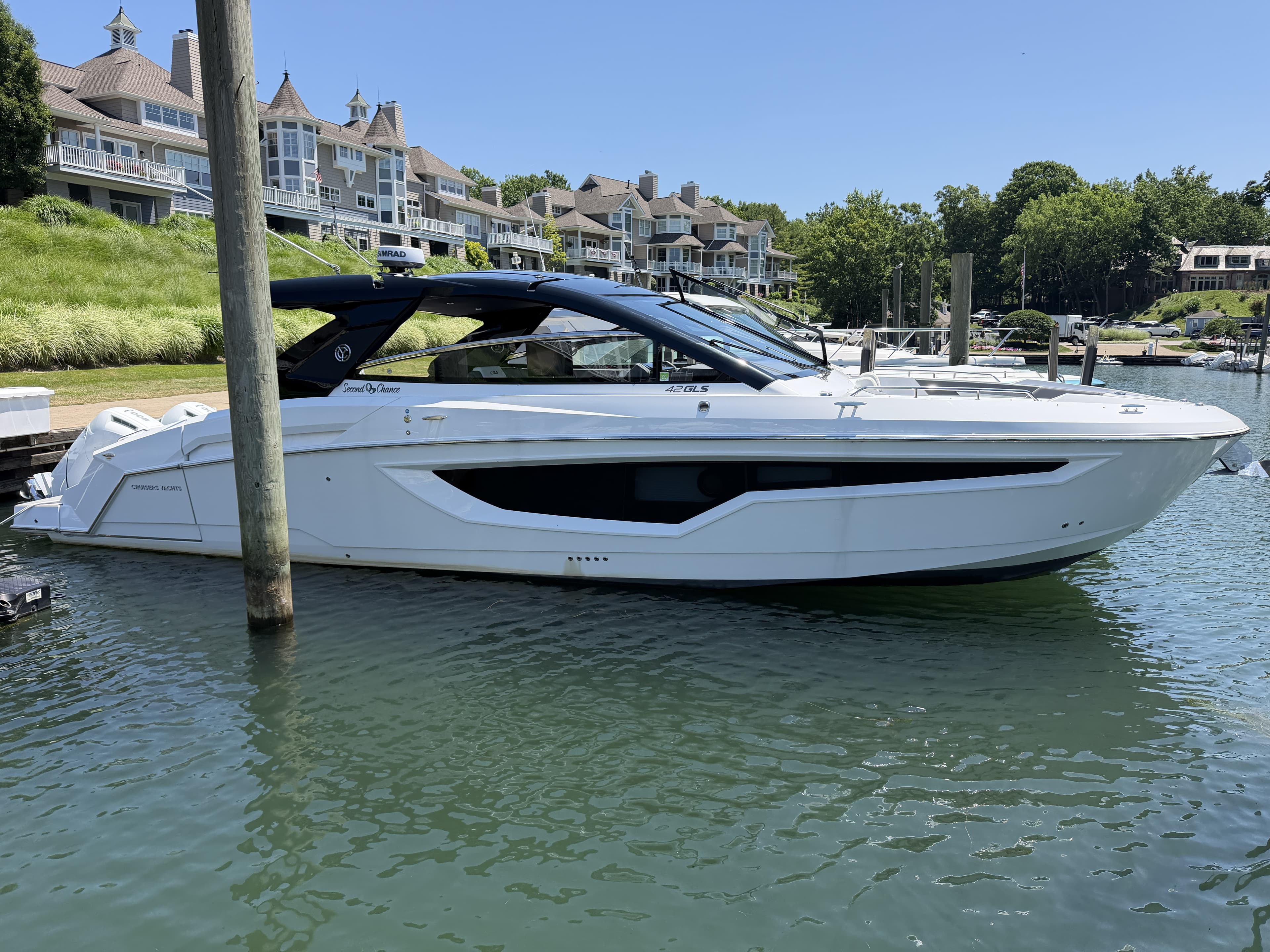 2024 Cruisers Yachts 42 GLS port profile at a Lake Erie marina near Cleveland, Ohio