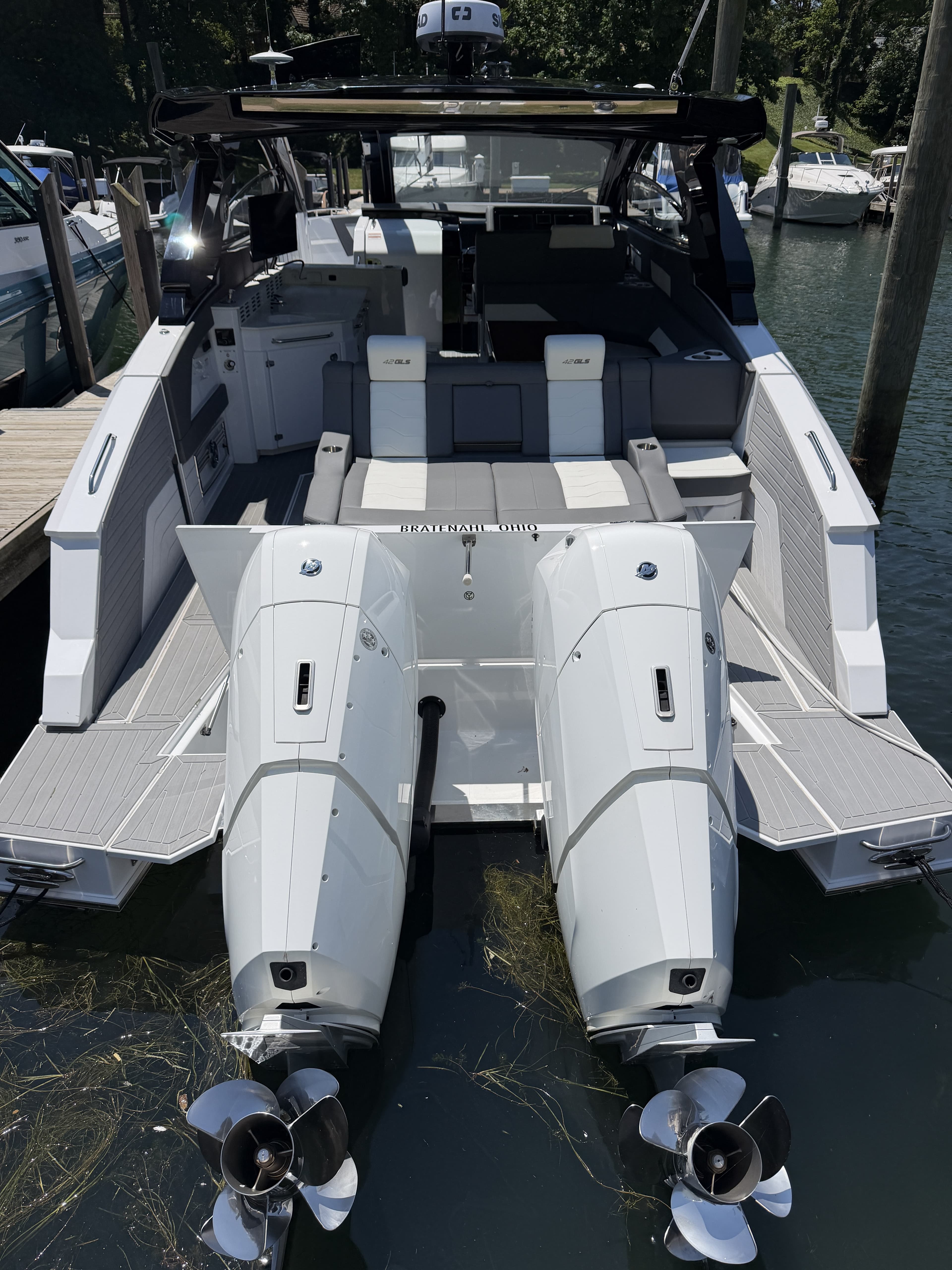 Twin Mercury Verado V12 600 outboards on the transom of a 2024 Cruisers Yachts 42 GLS
