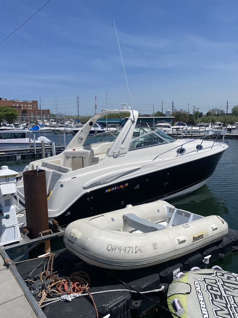 2004 Monterey 302 Cruiser with twin MerCruiser 5.0 MPI engines docked at Cleveland Ohio marina on Lake Erie