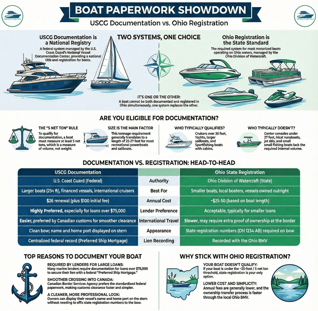 USCG Documentation vs. Ohio Registration: A complete comparison of federal and state boat registration systems, including eligibility requirements, costs, and when each option makes sense for Lake Erie boaters. ``` Boat documentation vs Ohio registration infographic comparing USCG federal system and state registration eligibility, costs, and head-to-head comparison chart
