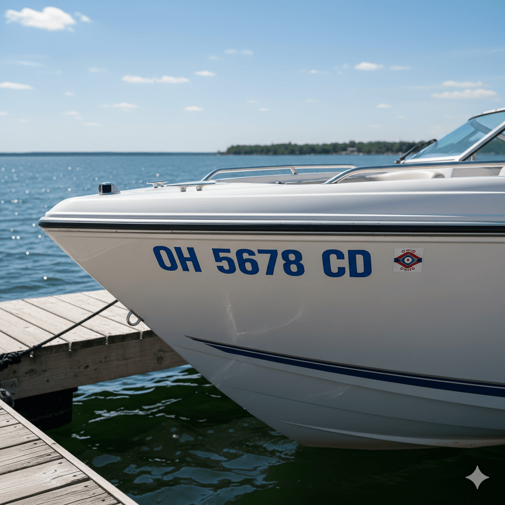 Ohio registered boat showing bow registration numbers OH format for state-registered vessels