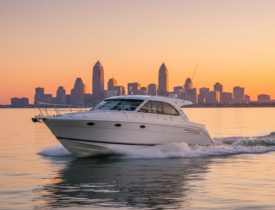 Luxury motorboat on Lake Erie with Cleveland skyline, illustrating the lifestyle and costs of boat ownership.