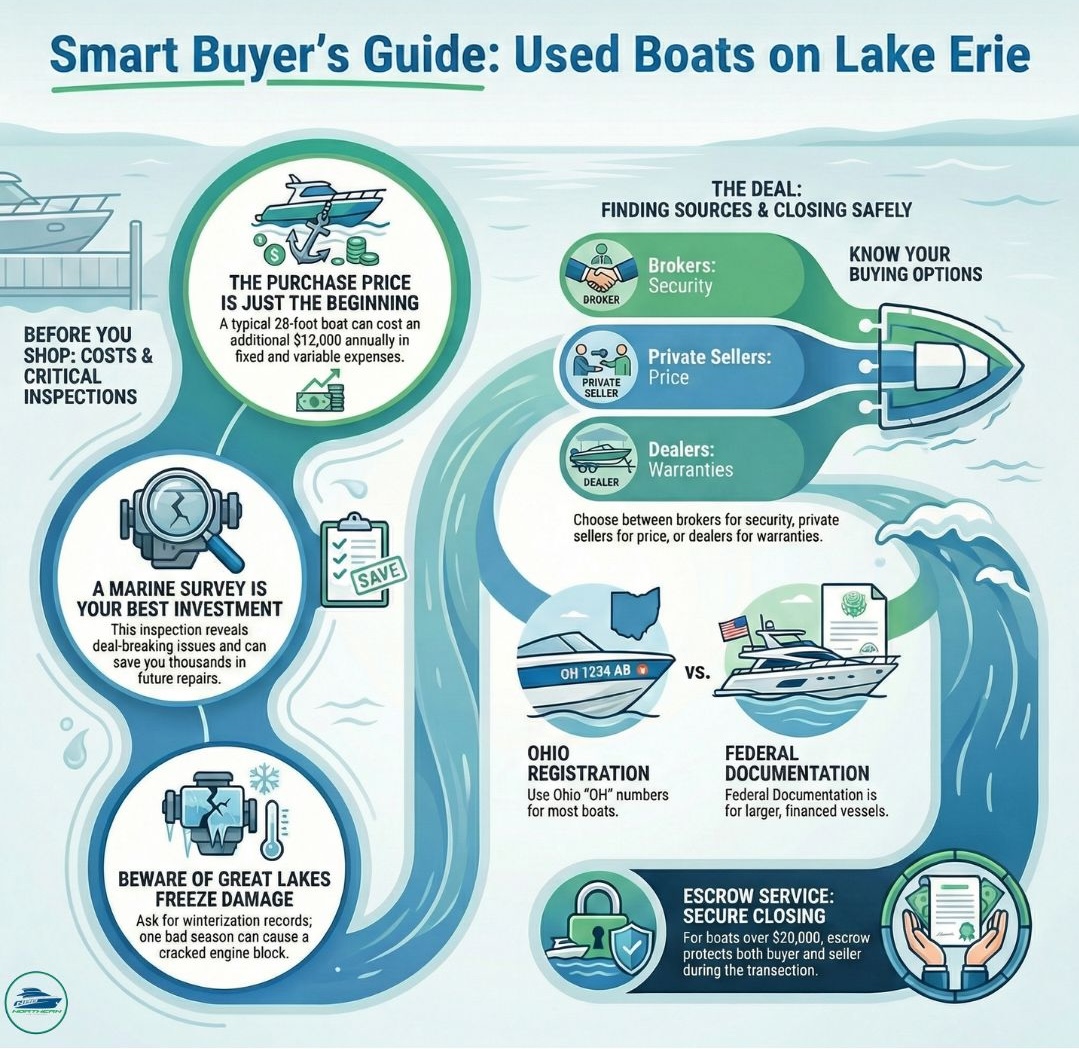 Infographic showing the complete used boat buying process for Lake Erie including ownership costs, marine survey importance, freeze damage inspection, broker vs private seller comparison, Ohio registration vs federal documentation, and escrow closing procedures