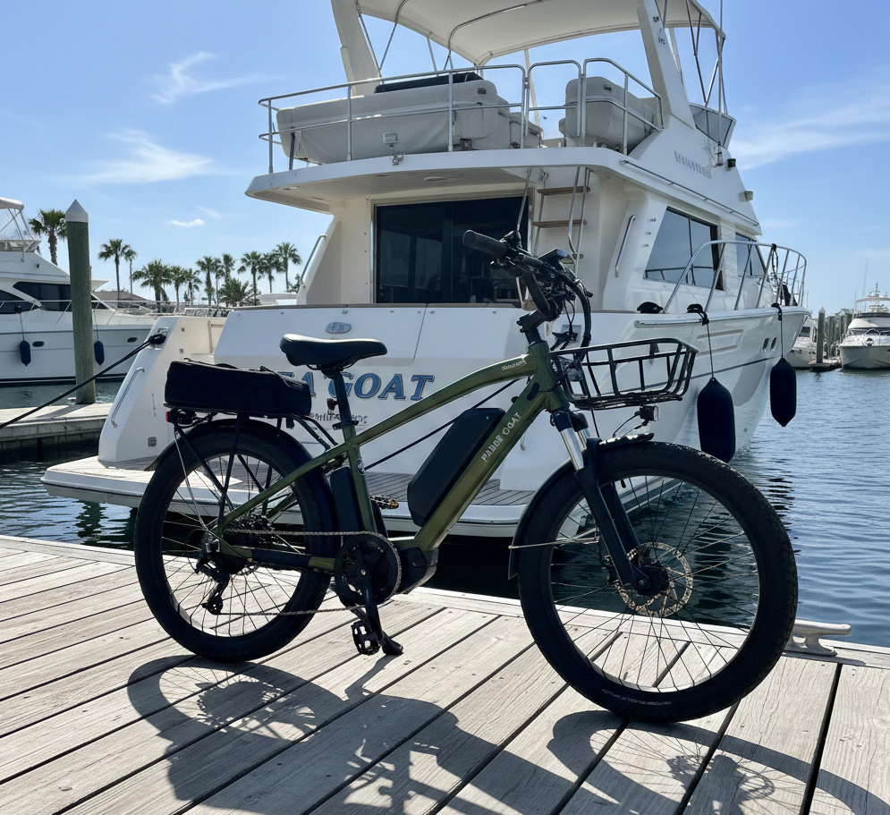 Electric bike on yacht dock at marina, demonstrating portable e-bike transportation solution for Lake Erie boaters exploring Put-in-Bay and Sandusky