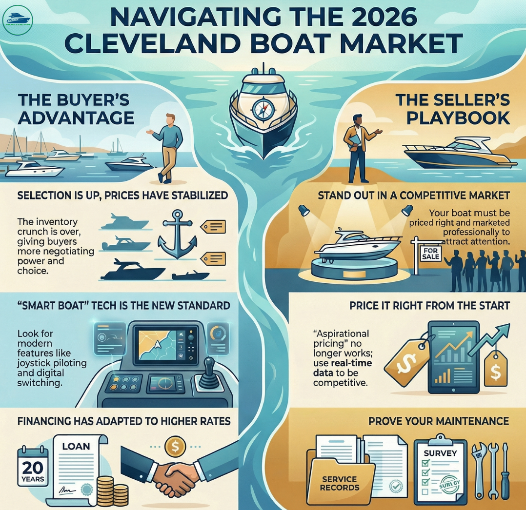 Infographic outlining the 2026 Cleveland boat market outlook, including buyer advantages and seller strategies from Northern Boat Brokerage.