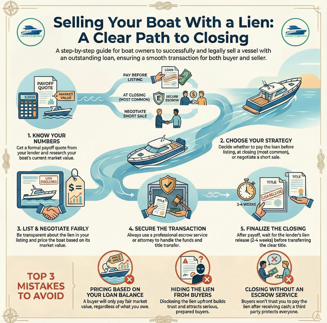 Your complete roadmap to selling a boat with a lien: From getting your payoff quote to finalizing the closing with a clear title, here's the 5-step process that protects both buyer and seller. Infographic showing 5 steps to sell a boat with a lien including payoff quote, choosing strategy, listing transparency, escrow transaction, and lien release timeline