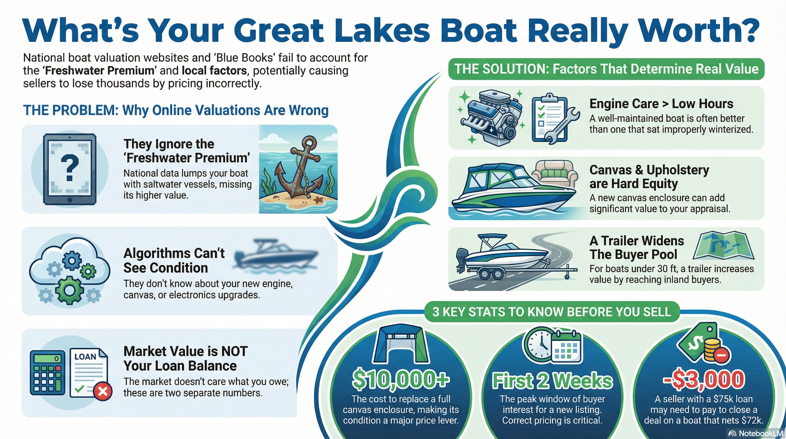 Great Lakes Boat Valuation Factors vs Online Calculators Infographic showing factors that determine Great Lakes boat value: freshwater premium, canvas condition, engine maintenance, and why market value differs from loan balance.