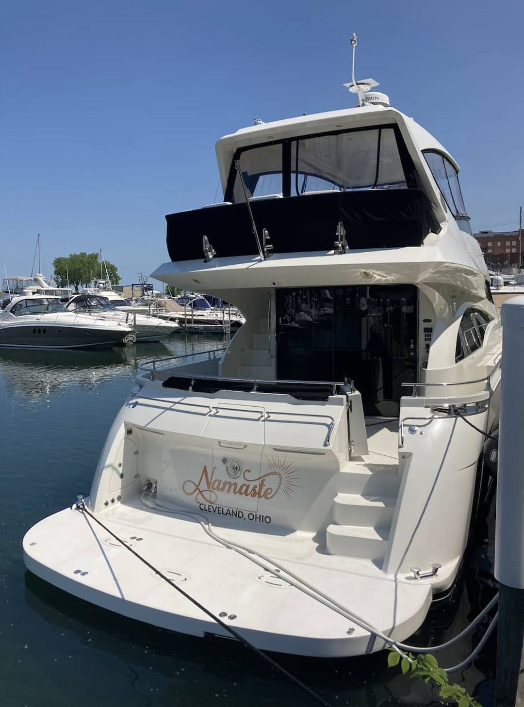 Namaste yacht docked at Cleveland marina on Lake Erie